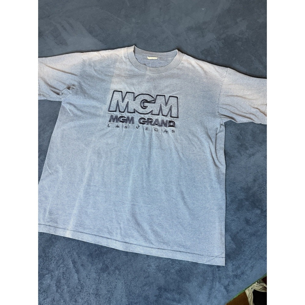 Vtg 90s MGM Grand Las Vegas Pinstripe T Shirt Mens Medium Blue Lucky Casino Tee